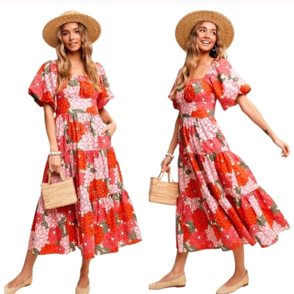 Listicle Floral Puff-Sleeve Maxi Dress in Red and Pink NWOT